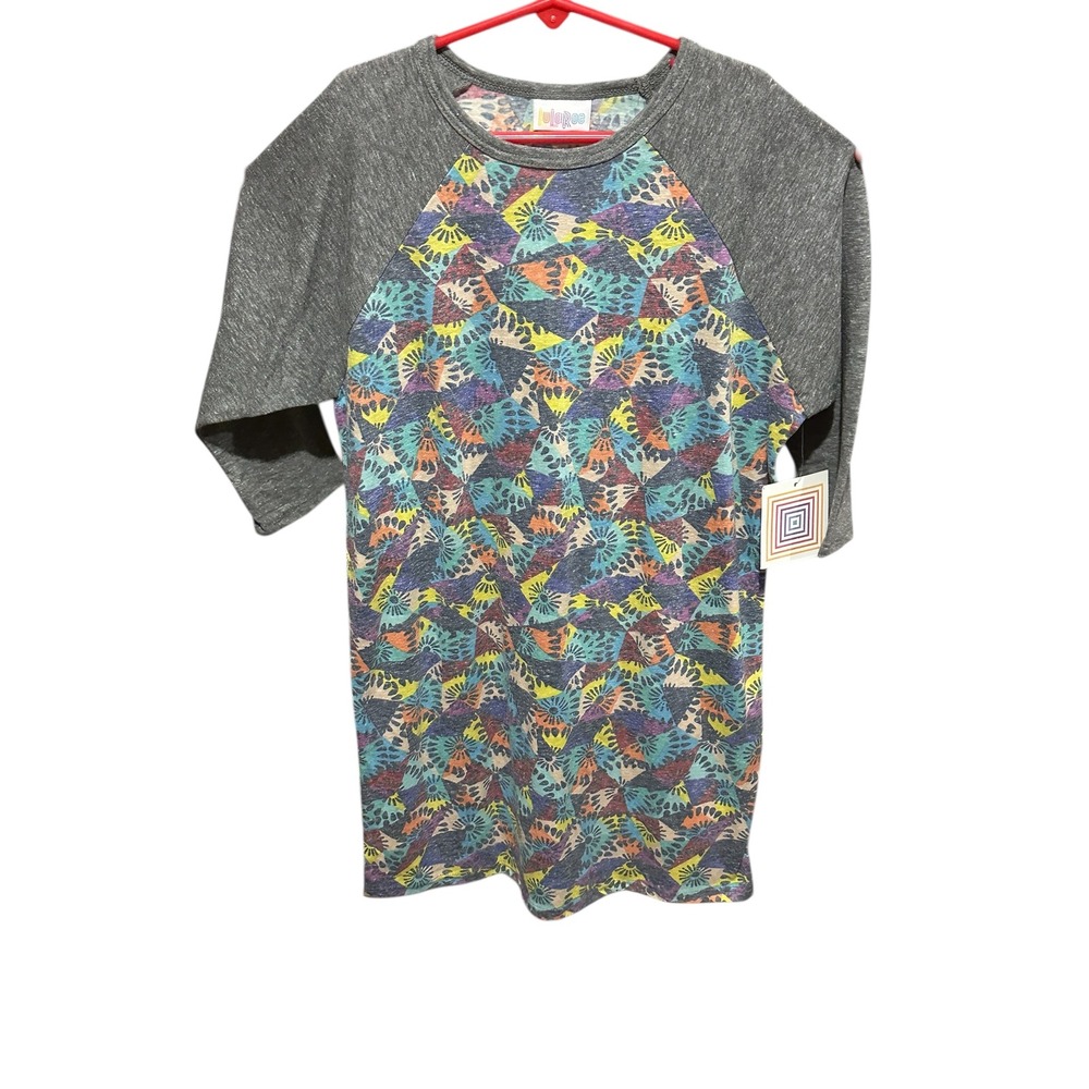 LuLaRoe Sloane Kids Size 14 Raglan Tee Gray 3/4 Sleeve Geometric Mosaic Print